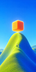 Fototapeta premium Young man ascending green hill toward floating orange cube. Concept of problem solving, personal growth, technological breakthrough.