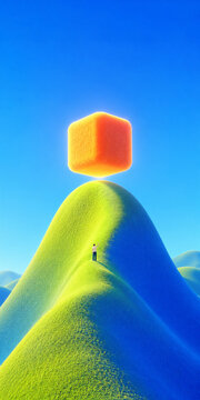 Young man ascending green hill toward floating orange cube. Concept of problem solving, personal growth, technological breakthrough.