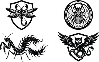 Fototapeta premium Fantasy monster and insect logo collection featuring scorpion dragonfly, tech beetle, mantis centipede hybrid, and winged owl crest