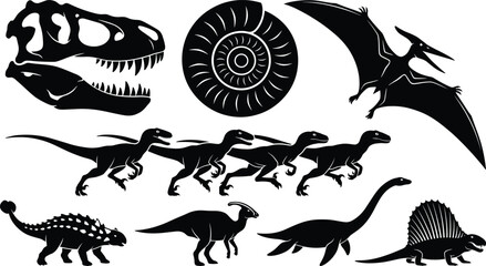 Prehistoric dinosaur silhouette collection featuring tyrannosaurus skull ammonite fossil pterodactyl velociraptors ankylosaurus parasaurolophus plesiosaur and dimetrodon vector © SabbirAhmed