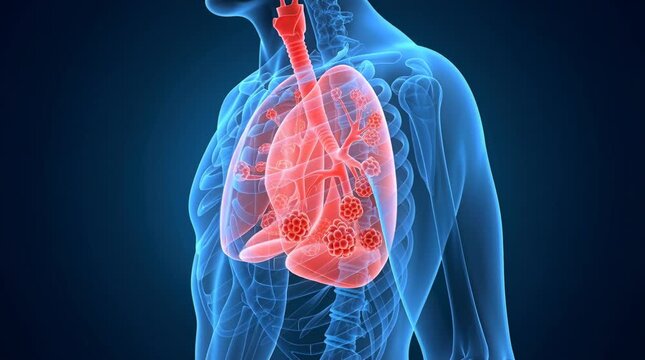 Human lungs with red cancer tumors inside blue xray body. Medical anatomy concept of respiratory disease, smoking damage and organ health. Skeletal chest background.