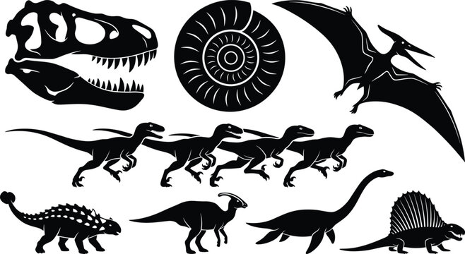 Prehistoric dinosaur silhouette collection featuring tyrannosaurus skull ammonite fossil pterodactyl velociraptors ankylosaurus parasaurolophus plesiosaur and dimetrodon vector