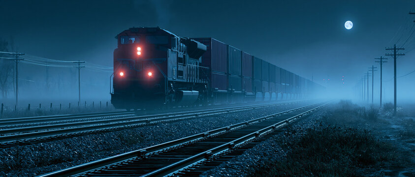 Mysterious Night Train in Moonlit Fog - Captivating Railroad Landscape & Urban Travel Adventure