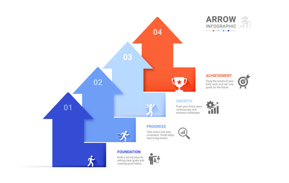 Business Arrow Up Infographic Template Background with Four Steps, Workflow Timeline, Process Diagram, Modern Vector Design