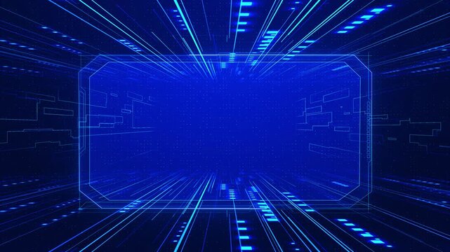 Cyber blue interface tunnel visual bright cyan data streaks, transparent central frame, fast digital perspective depth. for sci fi titles, tech presentations, gaming backgrounds, software screens,