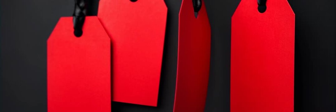 Blank red price tags hanging against a black background, sale, retail website banner with copy space for text