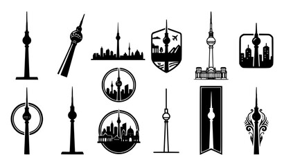 Berlin TV Tower Fernsehturm landmark collection with skyline circular badge ribbon banner and ornamental design black vector icon set © Abdullahall
