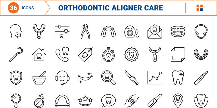Aligner Brand Icons line icon set. Vector pictograms of orthodontics, dental, care, and treatment elements, thin linear illustration.