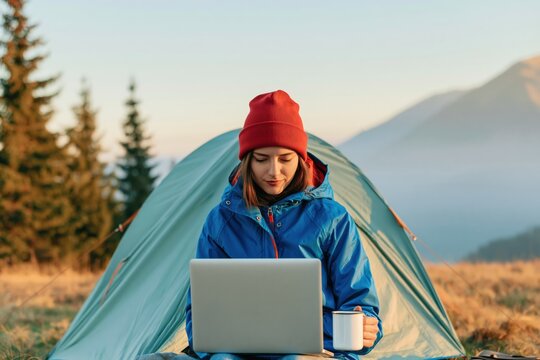 Woman working on laptop inside a camping tent during a remote mountain travel trip