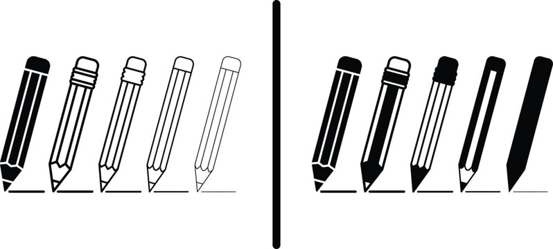 Pencil and writing tools vector icon set. Drawing instruments, stationery lead pencil, education, and creative design process concept.