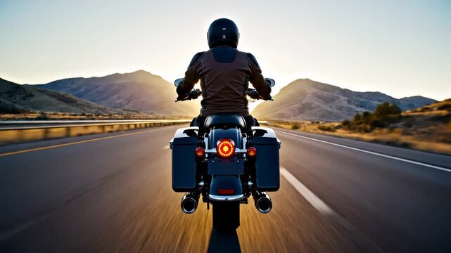 A motorcyclist in leather gear speeds along a vast mountain highway at sunset while the bright light radiates behind rolling peaks to create an adventurous journey towards the horizon