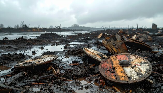 Worn Viking Shields Scattered Across Muddy Battlefield After Devastating Conflict Under Gloomy Sky
