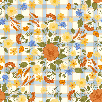 Cottagecore Seamless Floral Pattern with Wildflowers, Gingham Plaid, Daisy, Cornflower, Poppy, Meadow Flowers, Rustic Botanical Vintage Fabric Wallpaper Textile Background