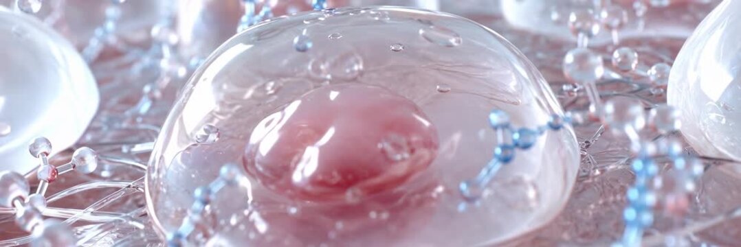 Hyaluronic acid molecules surrounding translucent skin cells, hydration, cosmetics website banner