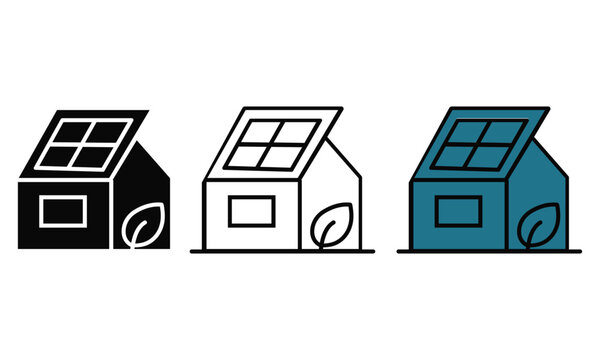 Three ecofriendly houses with solar panels and leaf icons
