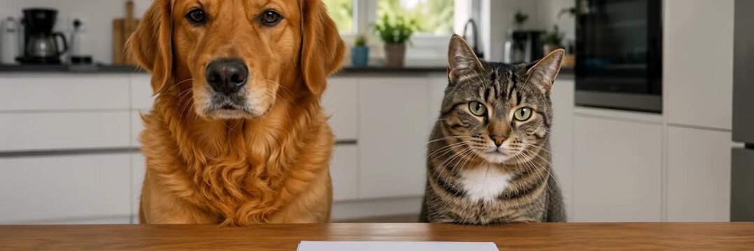 Dog and cat sitting behind a blank card in a kitchen, pets website banner with copy space for text