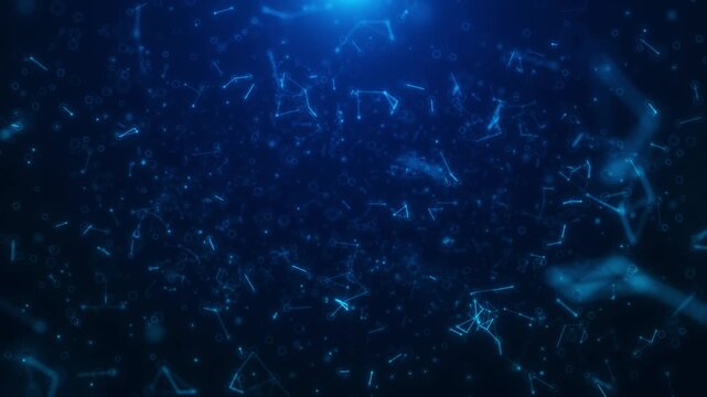 Abstract molecule data network visual cyan node links, floating particle clusters, soft dark blue depth. science reports, medical research clips, biotech promos, chemistry lessons, motion graphics.