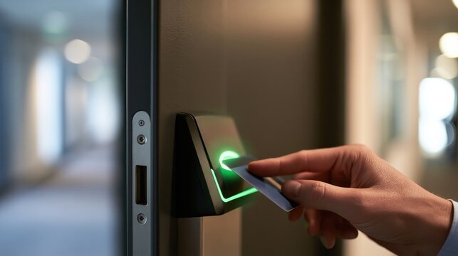Faceless hand tapping a slim key card on a glowing green reader beside a door, illustrating contactless access control