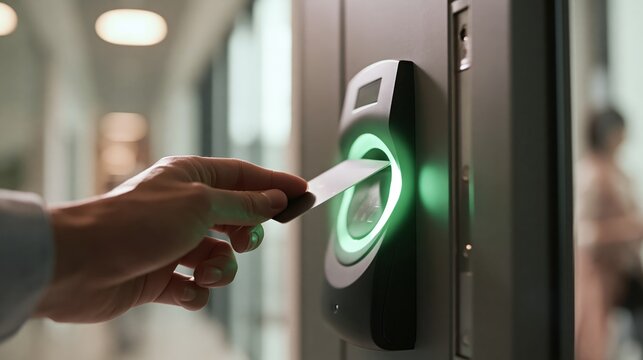 Anonymous hand presenting an access card to an illuminated card reader in a bright corridor, a modern keyless entry concept