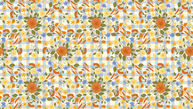 Cottagecore Seamless Floral Pattern with Wildflowers, Gingham Plaid, Daisy, Cornflower, Poppy, Meadow Flowers, Rustic Botanical Vintage Fabric Wallpaper Textile Background