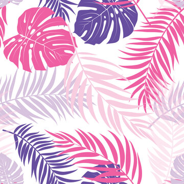 Tropical monstera and palm leaves seamless vector pattern with vibrant pink and purple hues