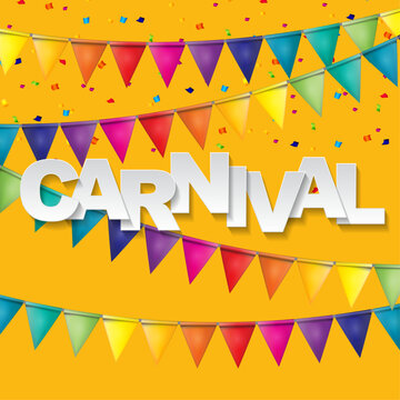 Colorful carnival bunting flags and confetti with large text on a bright yellow background
