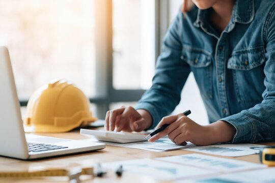 Architect and engineer working on construction project design with laptop and plans