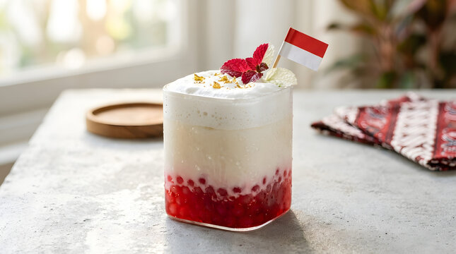 Indonesian Independence Day Red and White Layered Coconut Drink with Tapioca Pearls and Indonesian Flag Toothpick Pick