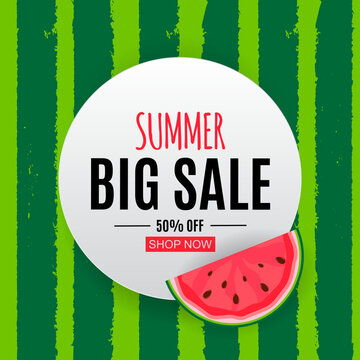 Summer big sale promotion with watermelon slice and green striped background