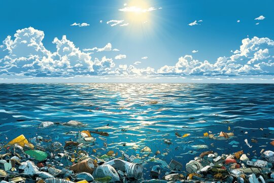 Polluted Ocean Scene with Floating Debris Under Bright Sunlight