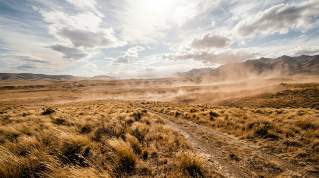 Dusty Outback Trail: A rugged dirt track winds through the arid Australian outback, with golden tussock grass and distant hills under a dramatic, cloud-filled sky.