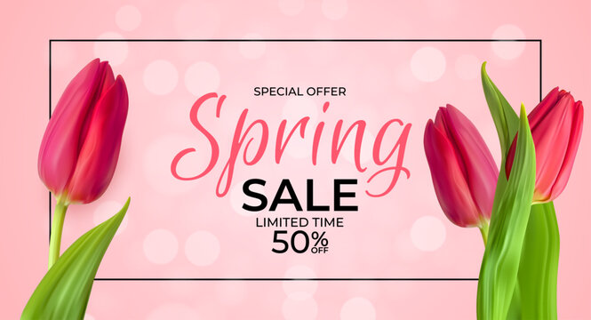 Spring sale banner with tulips and floral design for limited time promotion