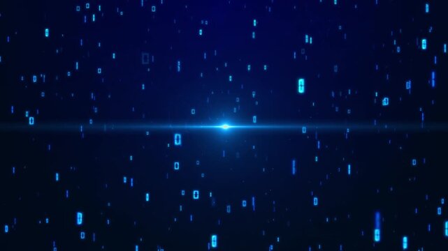 Falling digital code matrix visual blue glowing digits, central light burst, and dark data space. hacker intros, software tutorials, cyber security clips, 19 backgrounds, motion graphics.