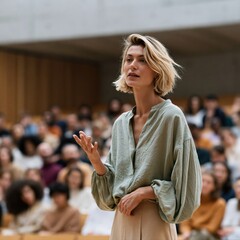 Fototapeta premium Woman speaker engaging audience in auditorium with expressive hand gesture for seminar presentation background and public talk