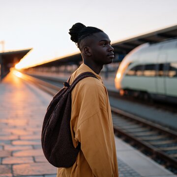 Young person standing beside train on platform at sunset for travel background and urban commuter banner and lifestyle imagery