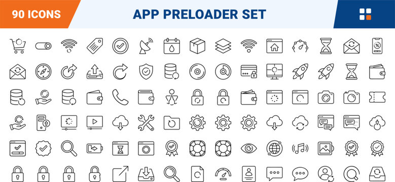 Loading screen line icon set. Vector pictograms of preloader, indicator, buffering, and progress elements, thin linear illustration.
