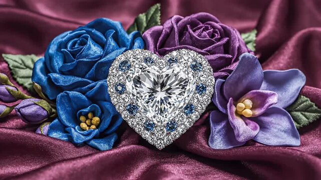 Elegant Diamond Heart Brooch Adorned with Blue and Purple Silk Roses on Rich Burgundy Satin