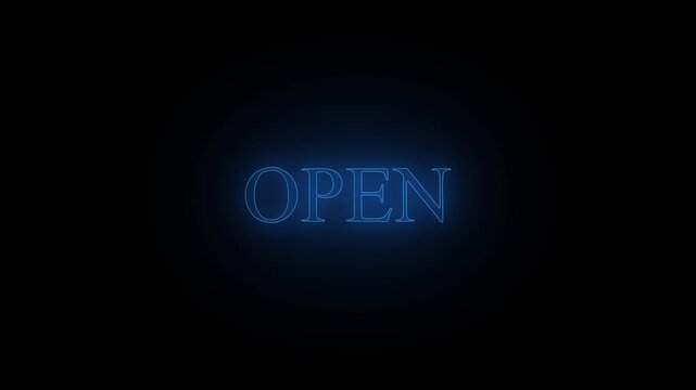 Glowing blue neon open sign text on dark background