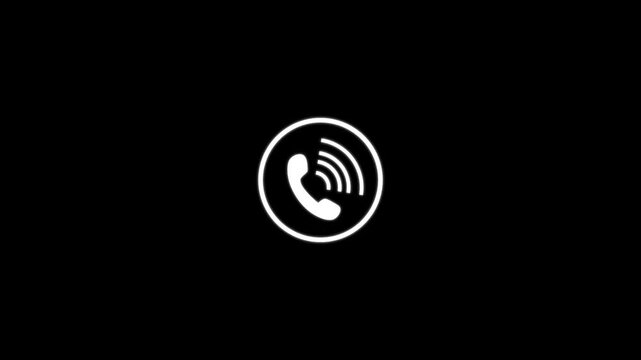 White telephone handset icon with ringing waves inside a circle on black background