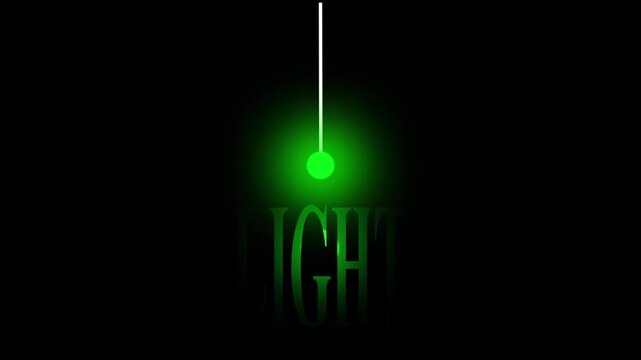 Glowing green hanging light bulb illuminating the word light on black background