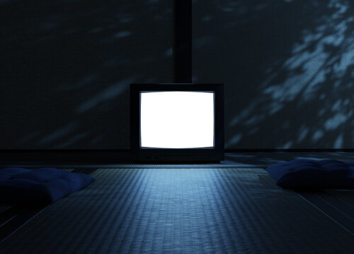 3D Rendering of an old television with isolated PNG screen standing on tatami floor at night