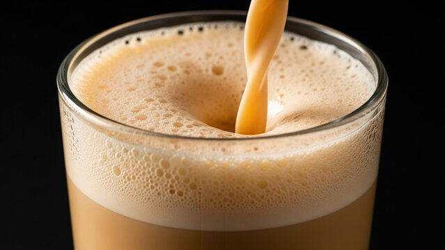 Pouring Fresh Milk Into Frothy Coffee Glass Close Up