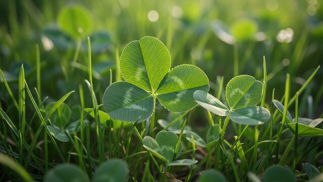 Vibrant green three leaf clover in lush spring meadow