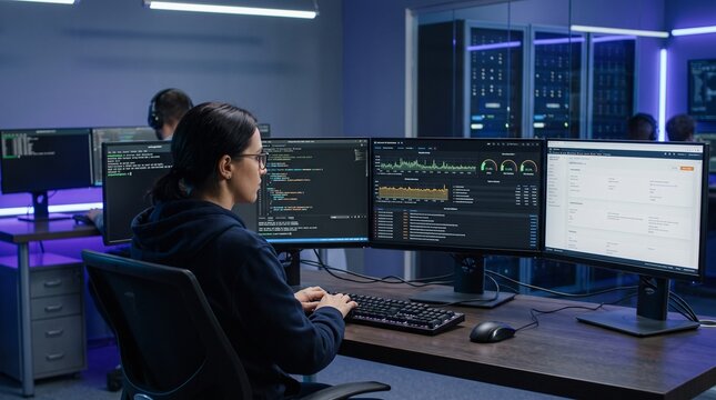 Software Developer Working at Multi Monitor Cybersecurity Workstation