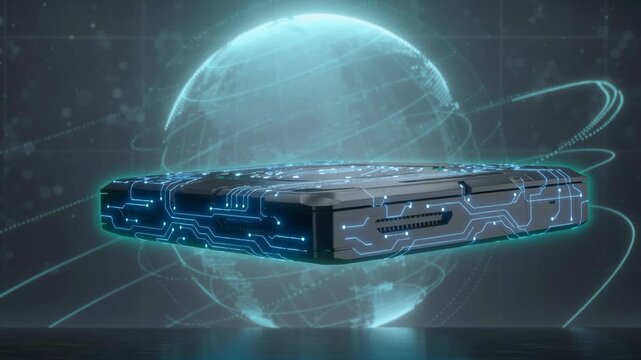 Futuristic digital hard drive with glowing circuit patterns and holographic globe in background