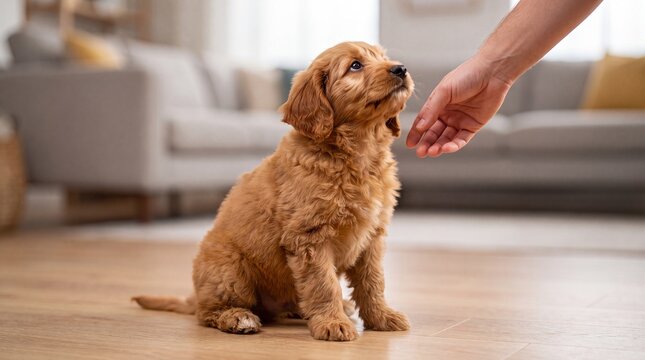 Golden puppy sitting calmly while being petted indoors  