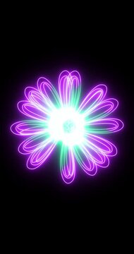 Vertical Abstract Neon Flower Animation with Green and Purple Glowing Petals, Futuristic Floral Design, Seamless Loop 4K Background