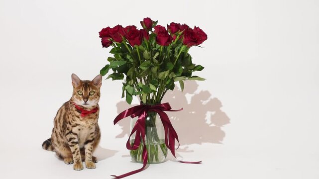 Bengal cat sits by the vase with red roses on white background, holiday card design