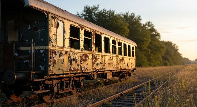 Abandoned train carriage in a field at sunset.
