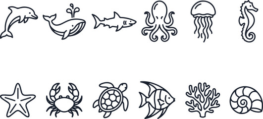 Set of sea life icons and marine creatures line art collection featuring dolphin whale shark octopus jellyfish and tropical fish illustrations creatures wildlife © Pnt